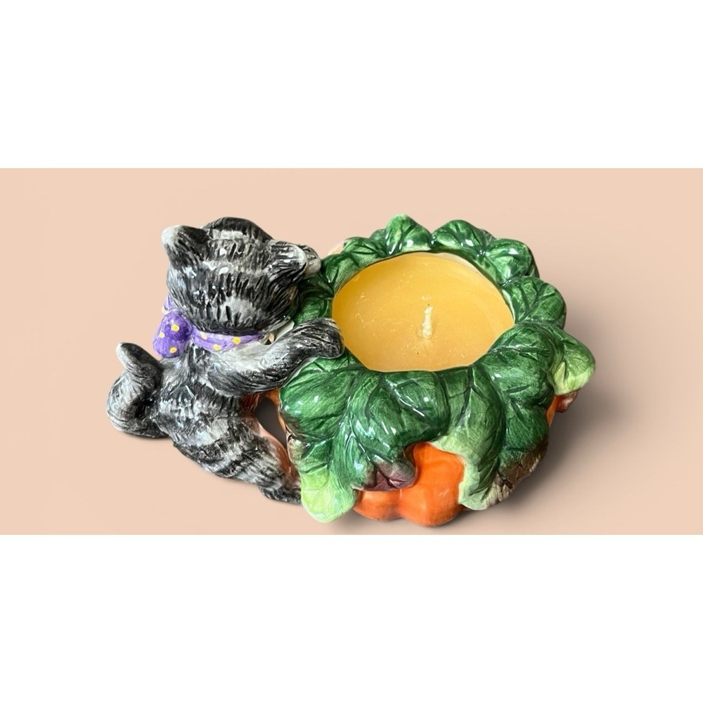 Fitz & Floyd Essentials Halloween Kitty Pumpkin Candle Holder Jar Jack-O-Lantern - Picture 9 of 12